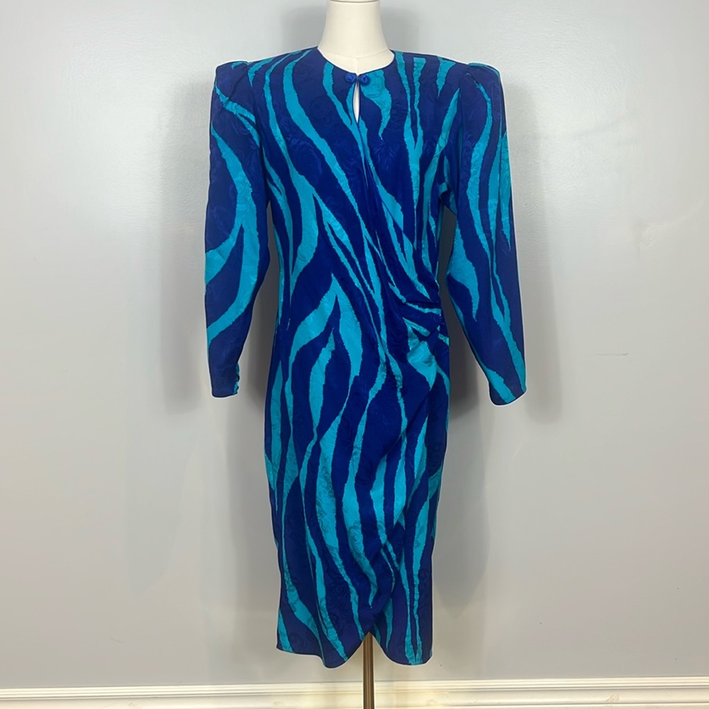 Liptons 1980s Vintage Turquoise Zebra Stripe Silk Dress